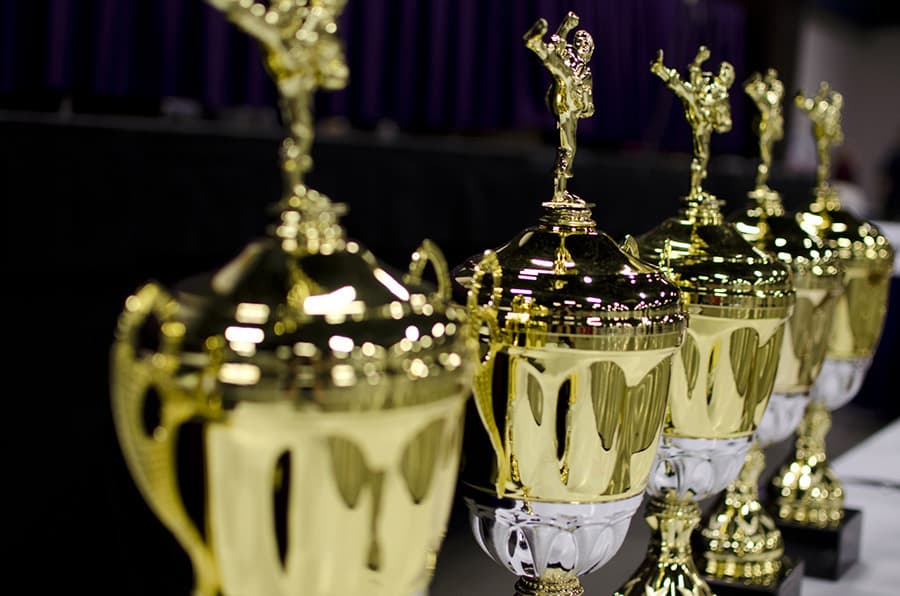 A row of gold championship trophies topped with martial arts figures, ready for presentation.