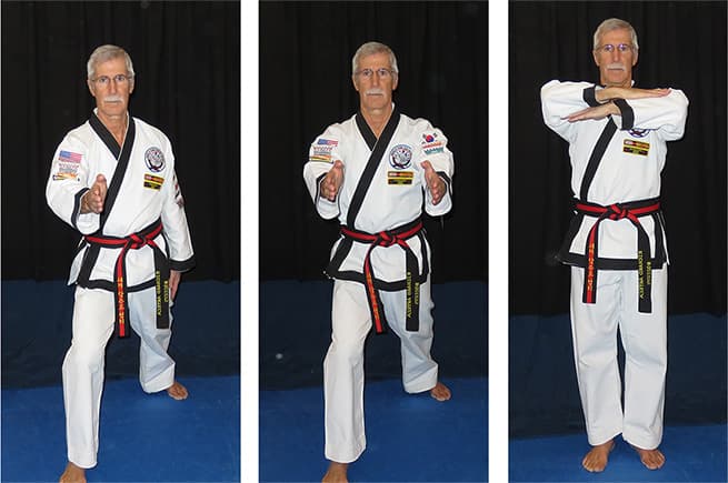 A judge demonstrating three hand signals side by side: Shi Jak (arms forward), Jung Ji (arms forward, palms out), and Ready (arms crossed above the head).
