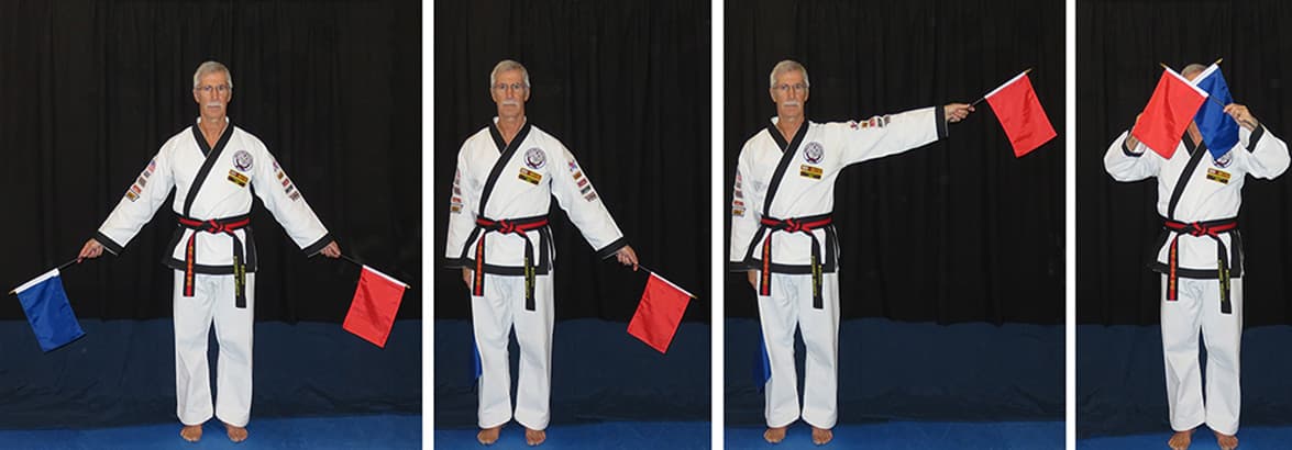Four flag signal photos in sequence: No point (flags held out to the sides), Warning (flags lowered), Point (red flag raised and pointed), and No See (flags crossed in front of the face).