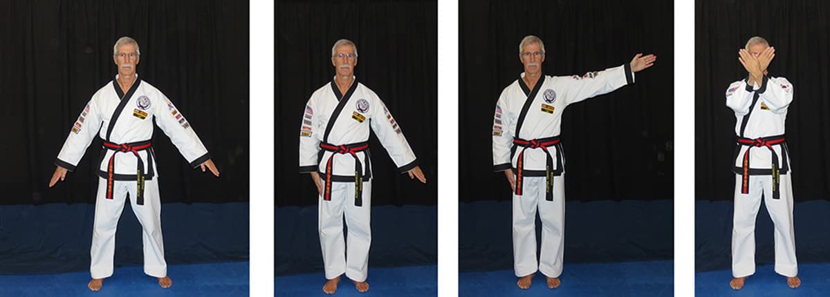 Four hand signal photos in sequence: No point (arms out to the sides), Warning (hands crossed at the waist), Point (one arm extended, pointing), and No See (hands covering the eyes).