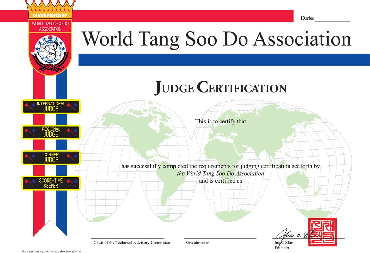 A World Tang Soo Do Association Judge Certification certificate, listing the International, Regional, Corner, and Score/Time Keeper judge levels.